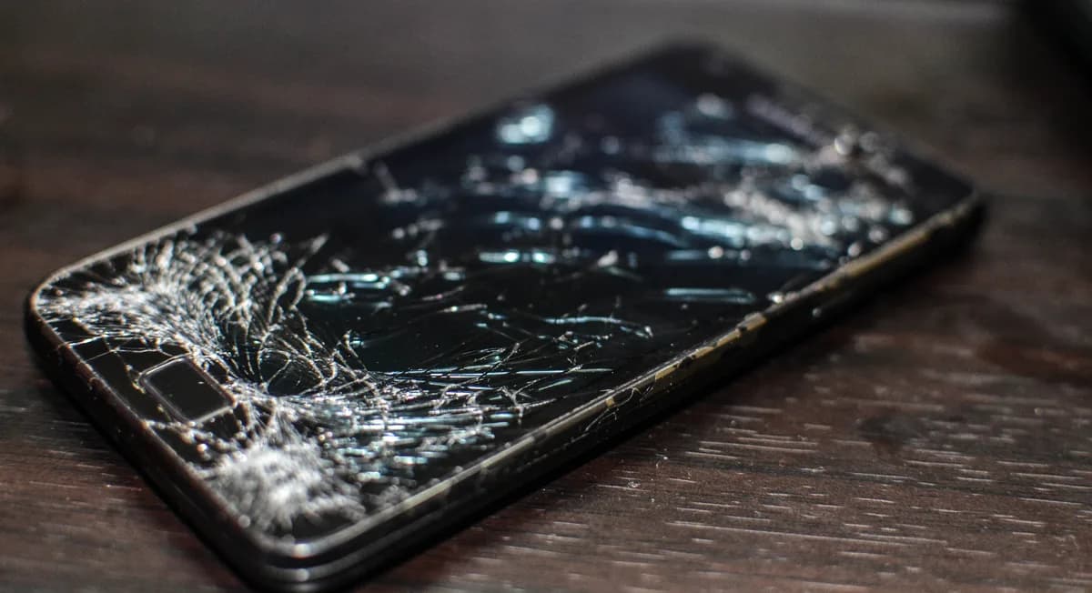 Smartphone with a completely shattered display lying on a wooden table